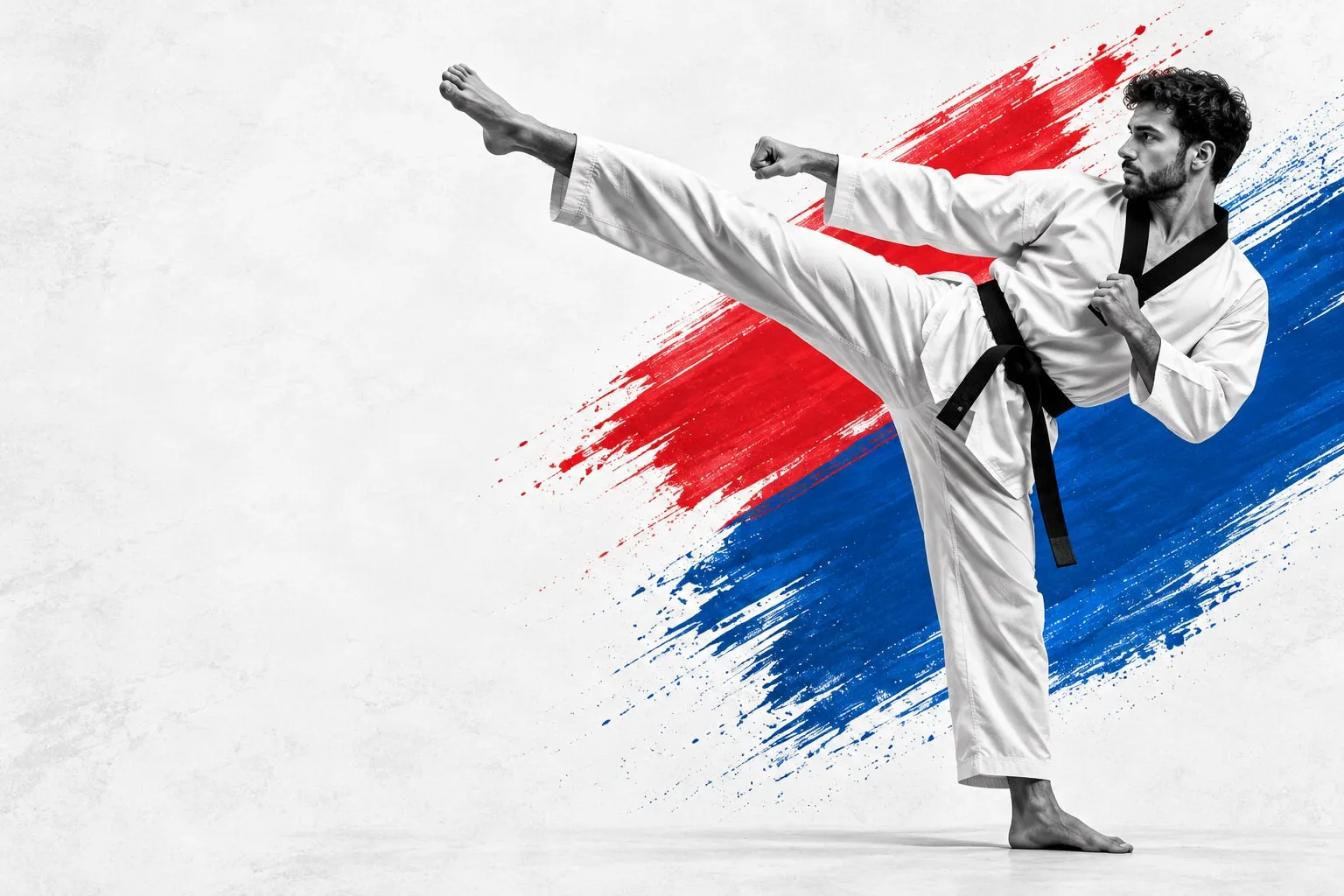 Taekwondoin beim Seitwärtskick vor rotem und blauem Pinselstrich