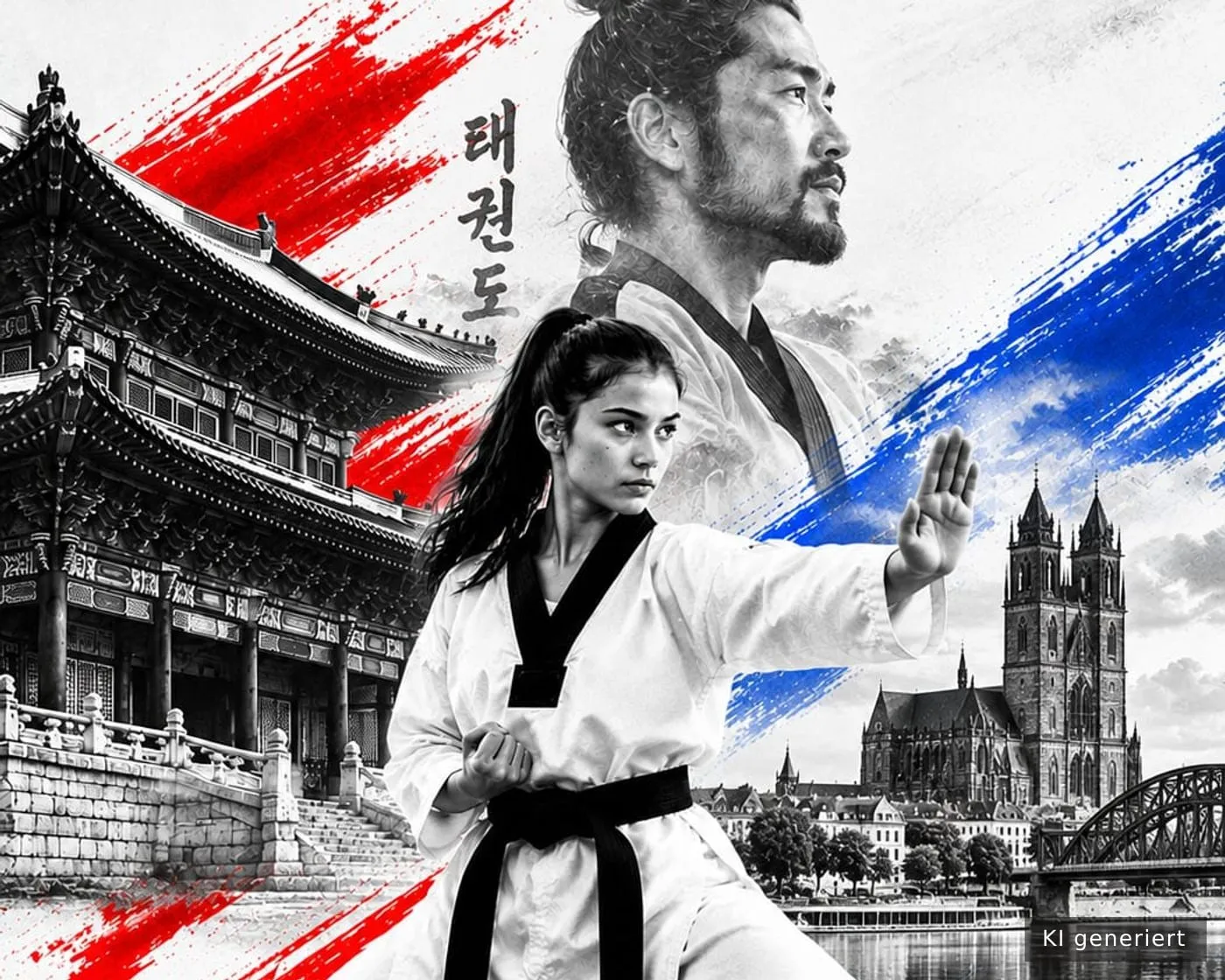 Taekwondoin vor koreanischem Palast und dem Magdeburger Dom